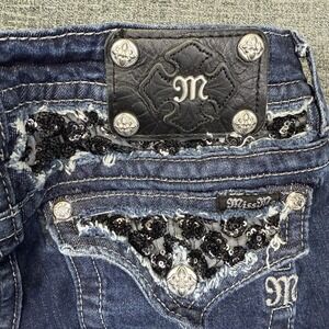 Miss Me Jeans Womens 29 Boot Cut Blue Faded Low Rise Rhinestones Flap Pockets